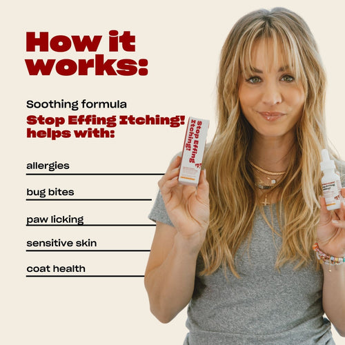 Woman with long blonde hair pointing up, next to text: 'How it works: Soothing formula, Stop Effing Itching patches, natural ingredients, non-drowsy, non-sticky, fast-acting.'