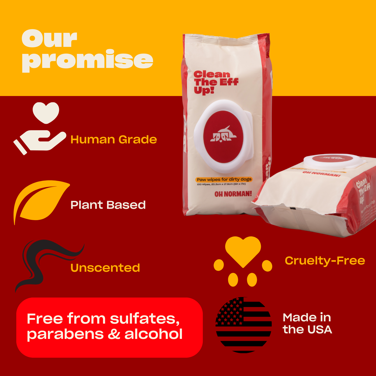 Clean The Eff Up! Paw Wipes For Dirty Dogs package with promise icons: human grade, plant-based, cruelty-free, free from sulfates, parabens & alcohol, made in the USA.