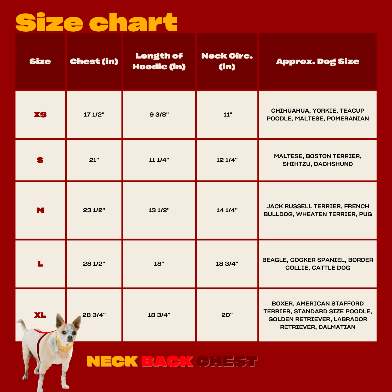 Size chart for Freeloader Dog Hoodie showing sizes XS to XL with measurements for neck, chest, and back length