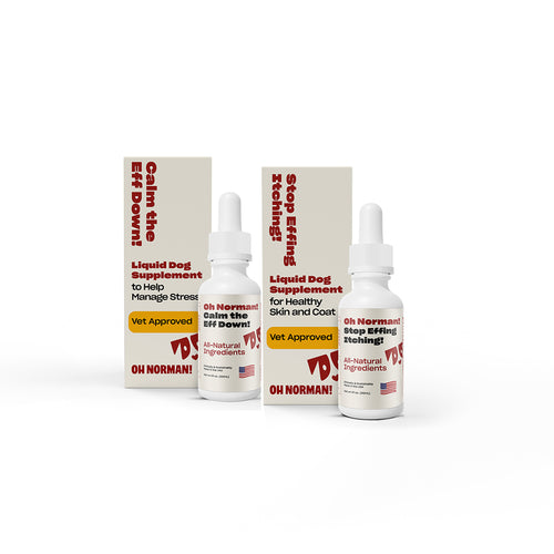 Two white dropper bottles. One of Calm the Eff Down! Liquid Dog Supplement to Help Manage Stress, and one of Stop Effing Itching! Liquid Dog Supplement for healthy skin and coat.