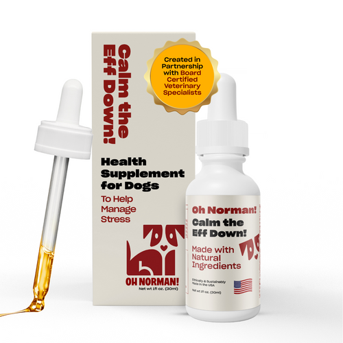 Health supplement for dogs called 'Calm the Eff Down!' with dropper and packaging showing 'Created in Partnership with Board Certified Veterinary Specialists'