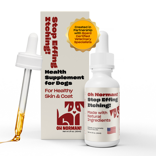 Health supplement for dogs from 'Oh Norman!' with dropper and box, labeled 'Stop Effing Itching! For Healthy Skin & Coat, Made with Natural Ingredients'.