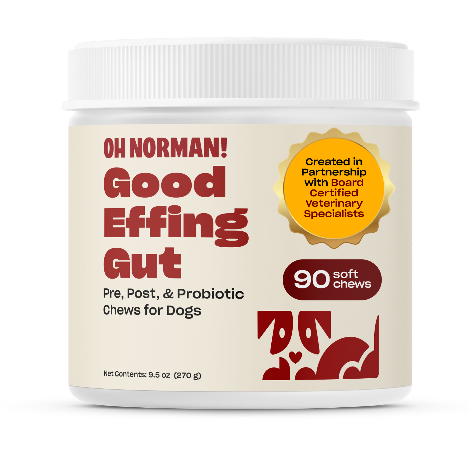 Container of Oh Norman! Good Effing Gut pre, post, & probiotic chews for dogs, 90 soft chews, created in partnership with board certified veterinary specialists.