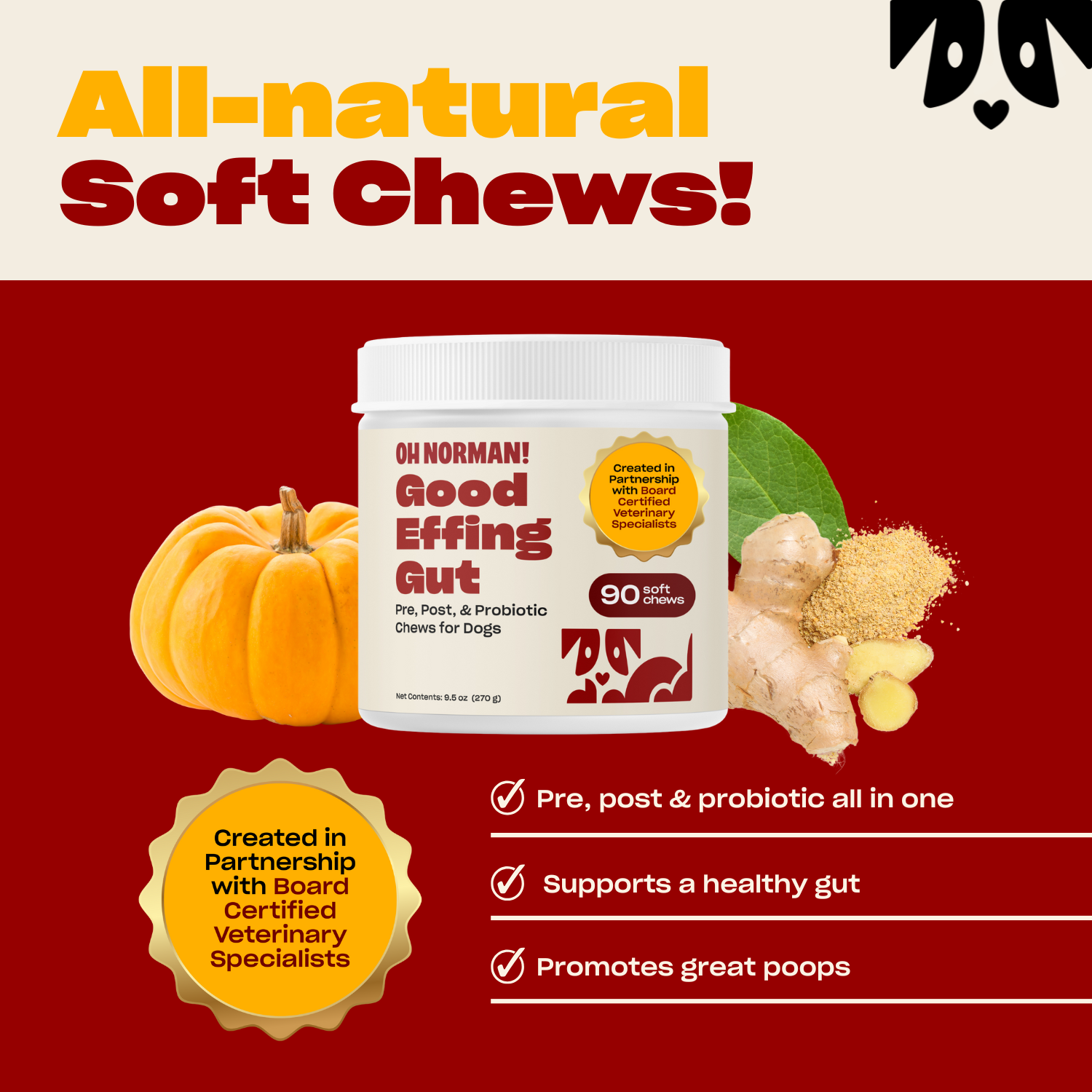 Good Effing Gut All-natural Soft Chews pumpkin flavor with 12 essential vitamins and minerals, supports immune system and promotes good gut health