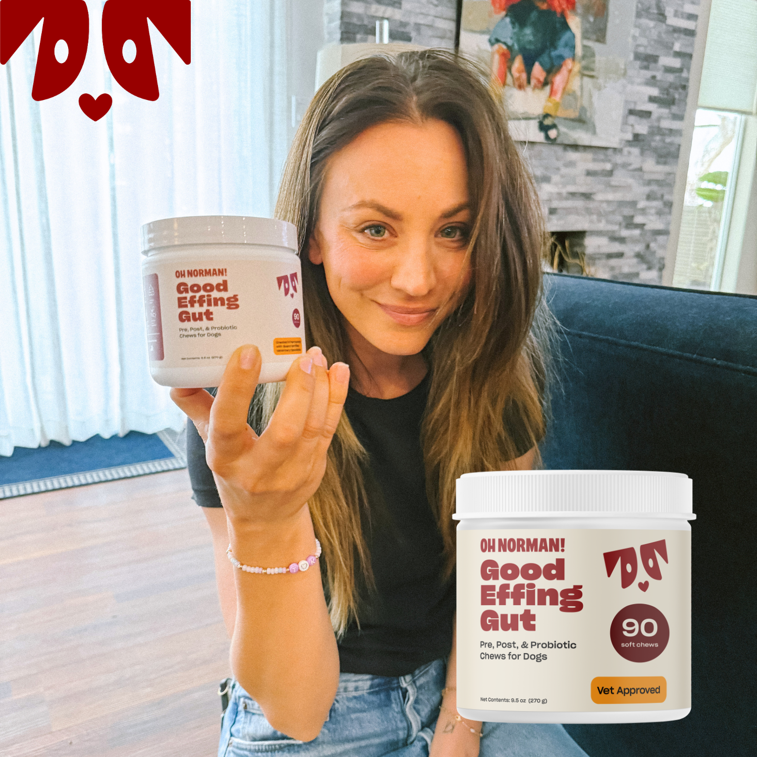 Woman holding a container of "OH NORMAN! Good Effing Gut" pre, post, & probiotic chews for dogs, with text "90 soft chews" and "Vet Approved" visible on the container.