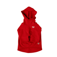 Flat-lay of Freeloader dog hoodie in ON Red showing hood, sleeves, chest logo and heart tag on white background