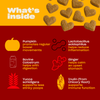 List of ingredients including pumpkin, cinnamon, ginger, turmeric, lactobacillus, and prebiotic fiber with icons and text 'What's Inside'