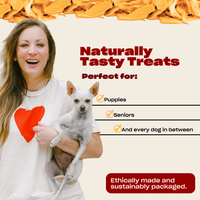 Promotional banner showing treats are naturally tasty and suitable for puppies, seniors, and every dog; image shows actress Kaley Cuoco holding a small dog