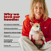 Three-quarter view of red Freeloader Dog Hoodie on actress Kaley Cuoco holding a dog with left headline 'Why we love our hoodie'