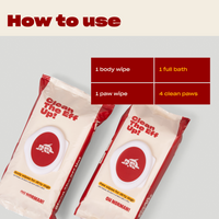 Two packets of Clean The Eff Up! Body Wipes for dogs with usage instructions: 'How to use', '1. Open packet', '2. Wipe down', '3. Dispose packet'.