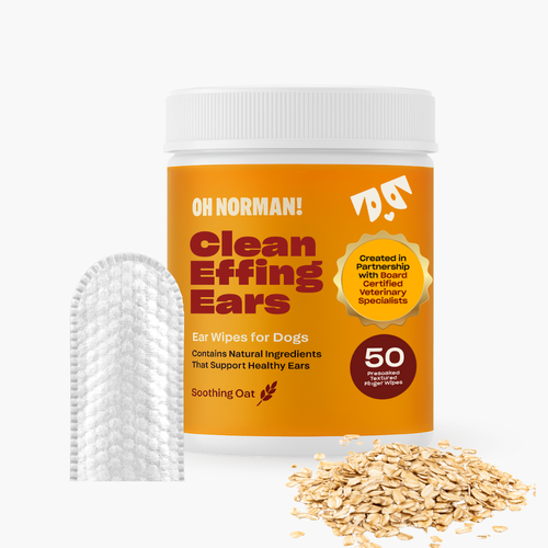 Jar of 'Clean Effing Ears' ear wipes for dogs with oats on a white background