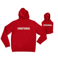 Back view of red Freeloader dog hoodie showing FREELOADER print paired with matching adult CARETAKER hoodie on white background