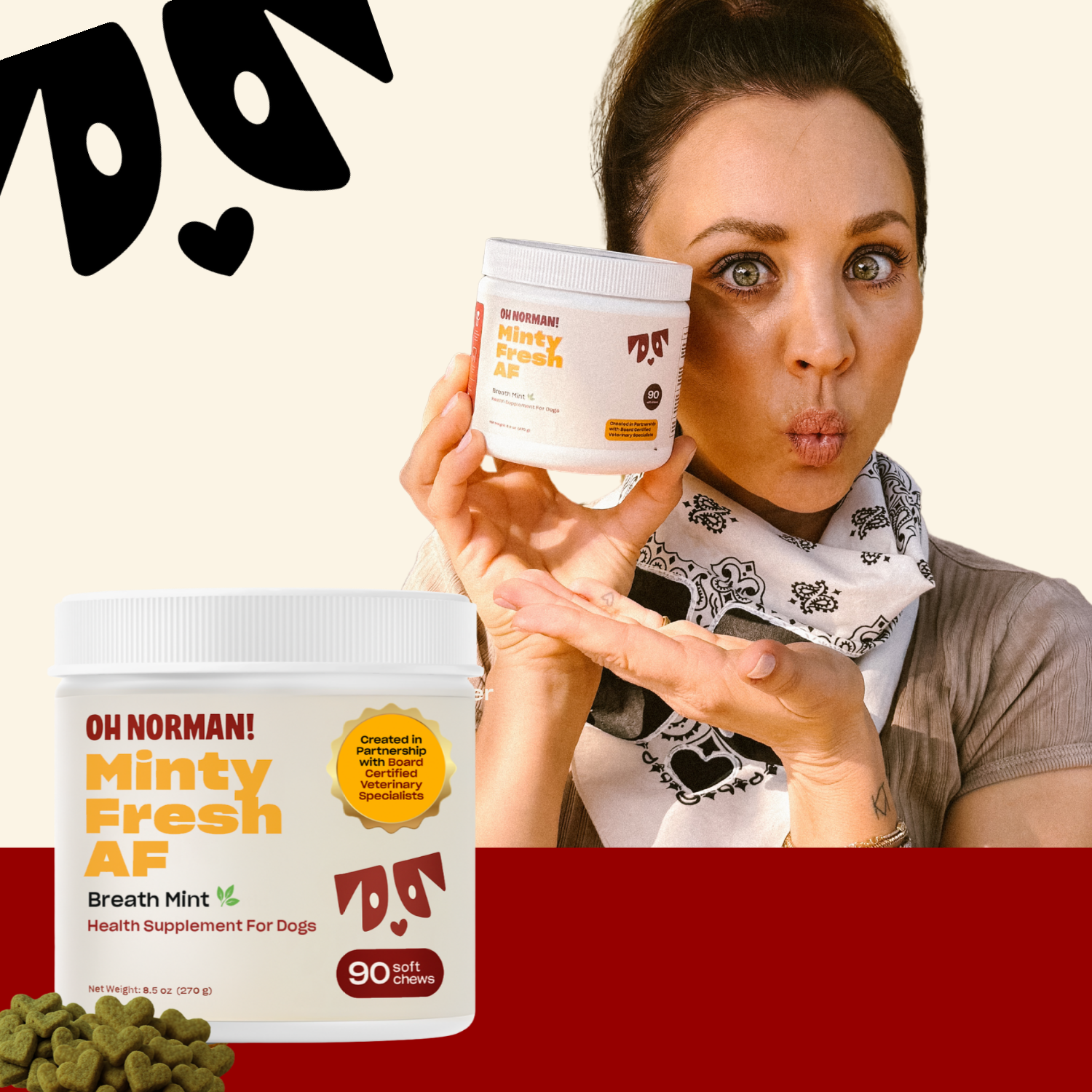 Katley Cuoco with a container of 'Oh Norman! Minty Fresh AF' breath mint health supplement for dogs