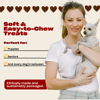 Actress Kaley Cuoco holding a small tan dog with headline 'Soft and Easy-to-Chew Treats' and note 'Perfect for puppies, seniors, and all dogs'