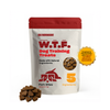 Front view of W.T.F. Dog Training Treats pouch showing red resealable bag, pile of heart-shaped pork bites, '5 Ingredients' text and gold veterinary-certified seal on white background