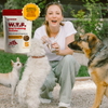 Actress Kaley Cuoco giving training treats to three dogs outdoors, with a branded dog-treats package and gold partnership badge