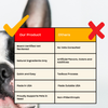 Comparison chart between 'Our Product' and 'Others' with a dog in the background.