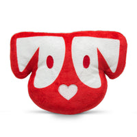 Front view of Destroy Me! recycled plush toy dog face showcasing red-and-white plush fabric, floppy ears, and embroidered heart nose on white background