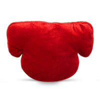 Front view of red recycled plush dog toy showing rounded head and floppy ears on white background