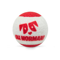 Front view of Fetch Me! recycled tennis ball showing red and white panels and Oh Norman logo on a white background