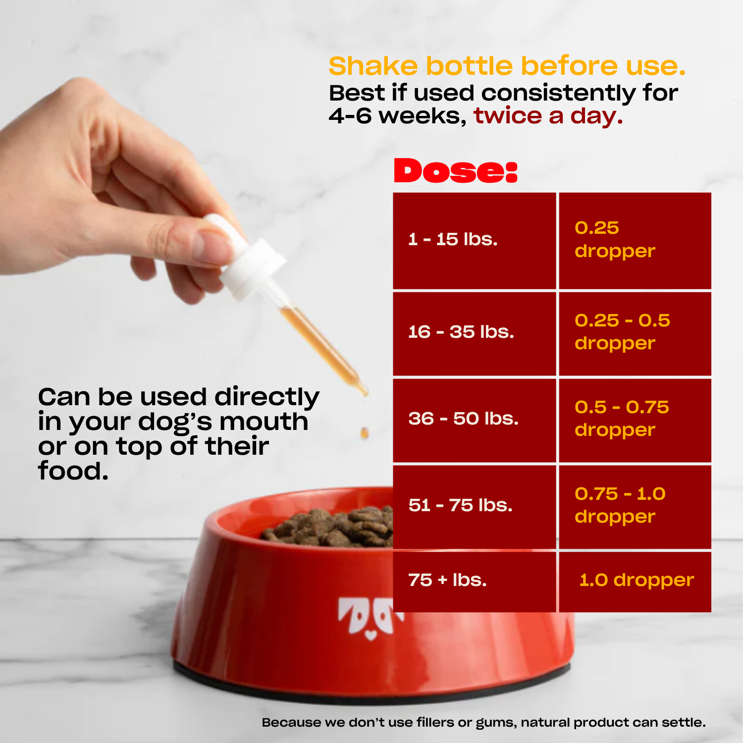 Dosage chart for product use showing amounts for different age groups: 1-3 years (1/4 tsp), 4-6 years (1/2 tsp), 7-9 years (3/4 tsp), 10-12 years (1 tsp). Text: "Shake bottle before use. Best if used immediately for maximum effect."