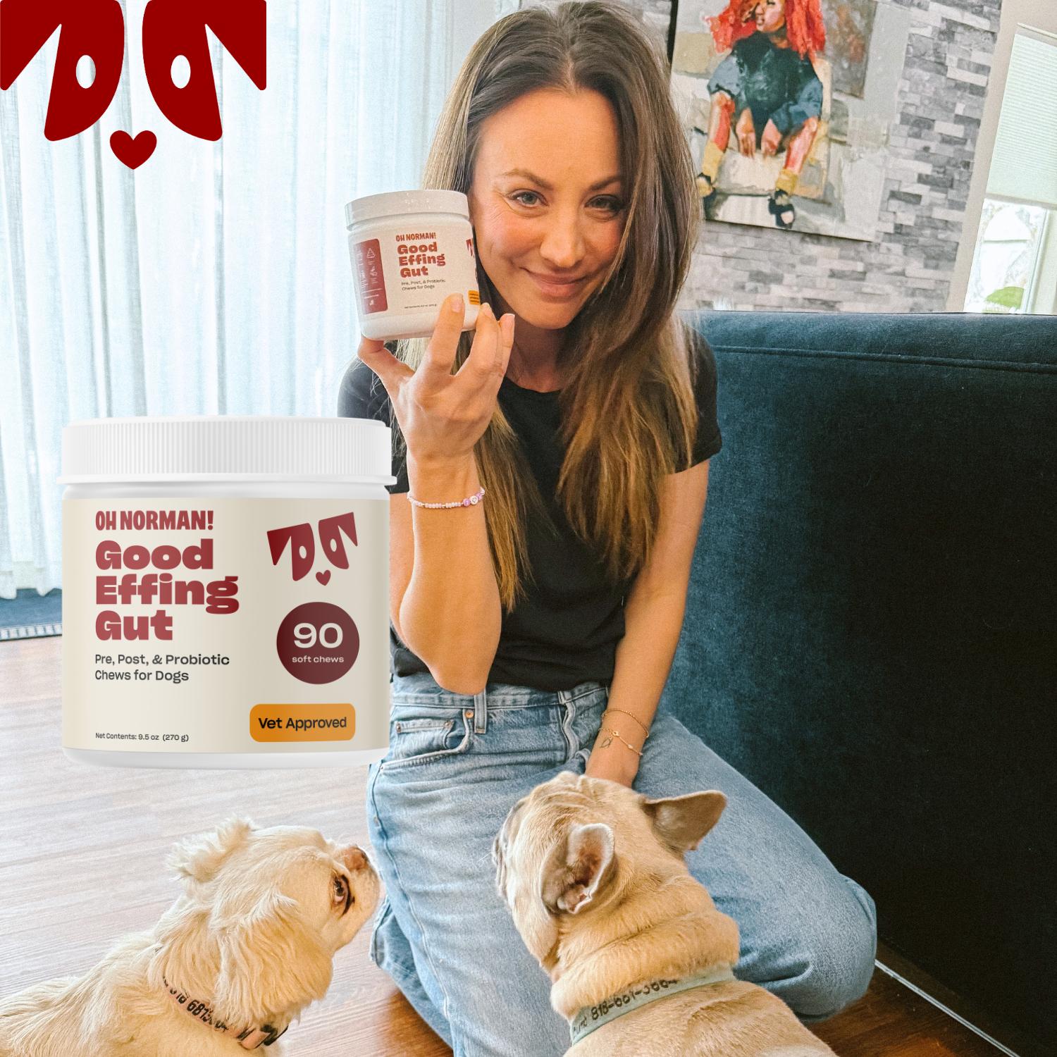 Kaley sitting on a couch holding supplement 'Good Effing Gut' with a dog lying beside her