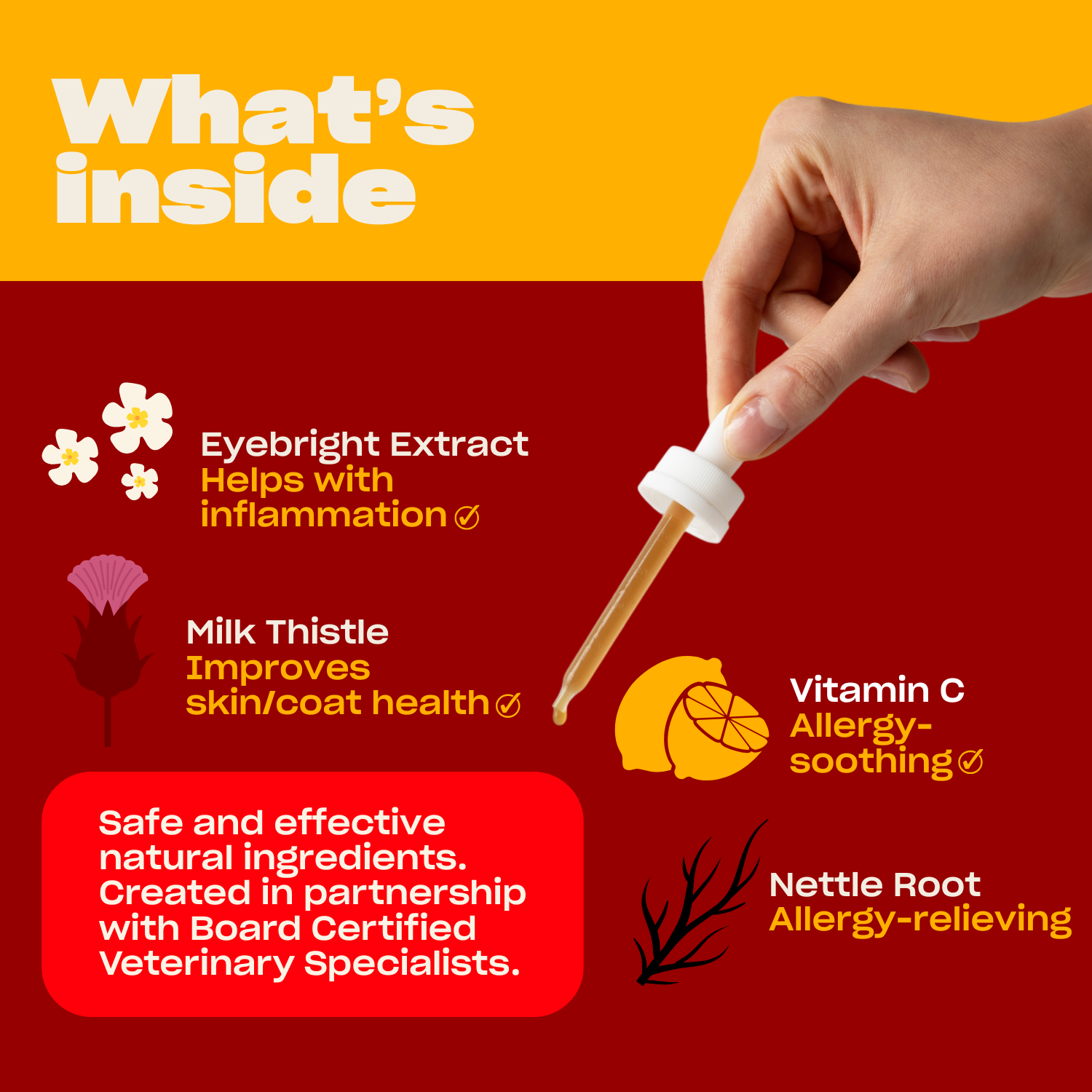 Hand holding a product with text: "What's Inside" followed by "Cypress Extract, Nettle, Milk Thistle, Vitamin C, Vitamin D, Natural Beauty Complex" and a safety note about dermatological testing and no parabens, sulfates, or fragrances.