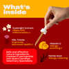 Hand holding a product with text: "What's Inside" followed by "Cypress Extract, Nettle, Milk Thistle, Vitamin C, Vitamin D, Natural Beauty Complex" and a safety note about dermatological testing and no parabens, sulfates, or fragrances.