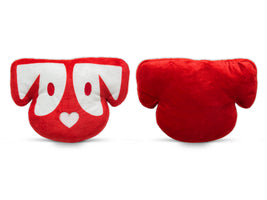 Front and back views of Destroy Me! recycled red plush dog-face toy with white eye patches and heart nose on white background