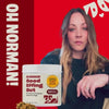 Actress Kaley Cuoco holding a box of Good Effing Gut supplement against a red background with white text 'OH NORMAN!'