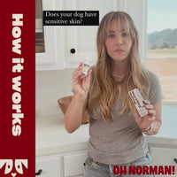 Actress Kaley Cuoco holding Stop Effing Itching product in a kitchen with overlay headline 'Does your dog have sensitive skin?'